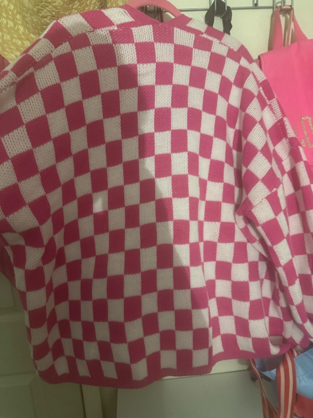Pink and White Checkerboard Knit Sweater